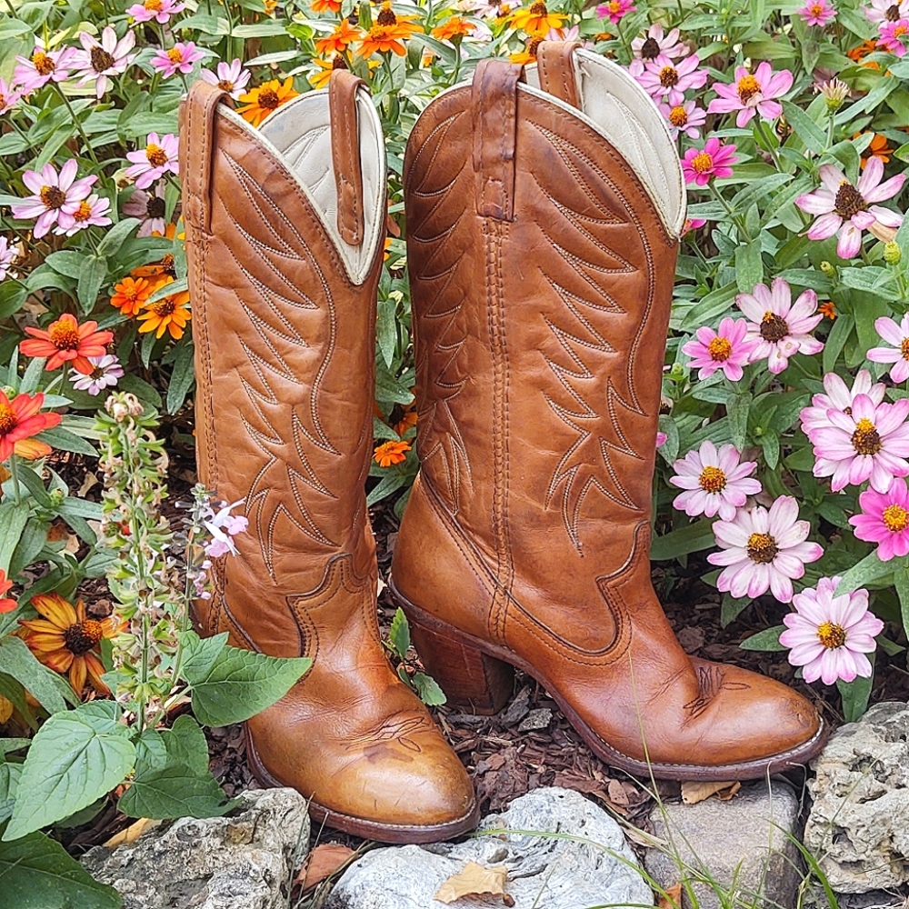 VINTAGE Vegan Leather Caramel Cowgirl Riding Boots